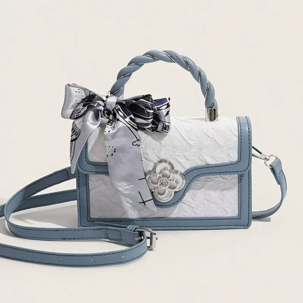 Chic Baby Blue/White Textures Floral Mini Crossbody Top Handle Bag w/Twilly - Picture 3 of 7